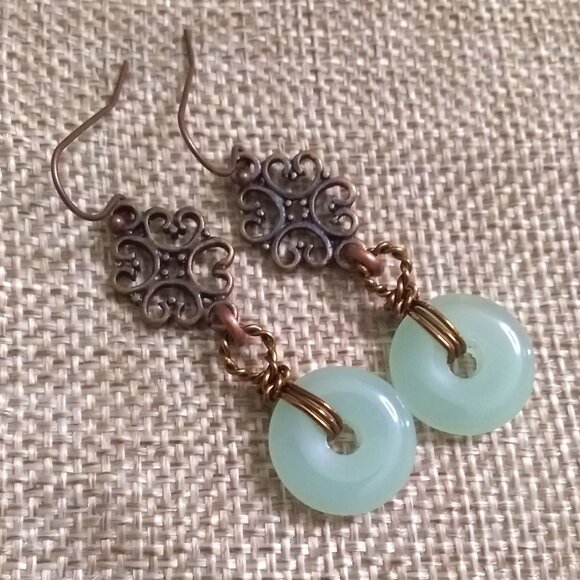 Green Aventurine & Copper Filigree Dangle Earrings - Picture 7 of 11